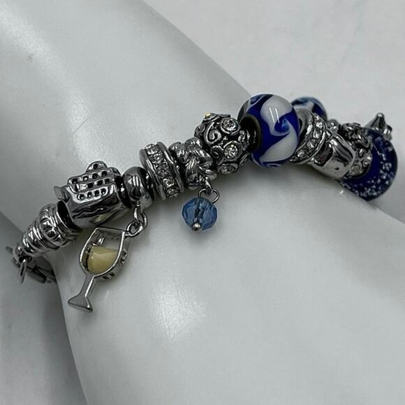 Vacation Cruise‎ Ship Anchor Pina Colada Wine Blue White Euro Charm Bracelet - Picture 1 of 10